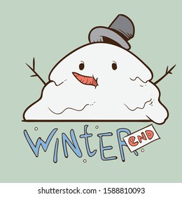 Winter End, Melting Snow Man Illustration