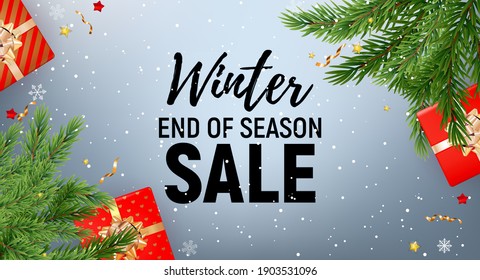 Winter End of Season Sale Background Design. Template  for advertising, web, social media and fashion ads.  Poster, flyer, greeting card, header for website  Vector Illustration