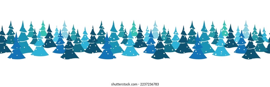 Winter endless curb. Blue Christmas trees under the snow. Seamless repeat pattern. Cartoon doodles. Vector pattern, design for banner, packaging, paper on a white background.