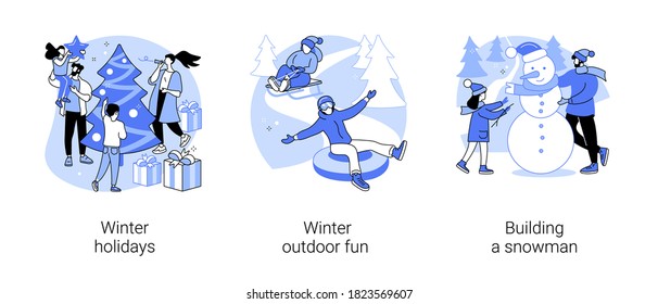 Winter Entertainment Abstract Concept Vector Illustration Set. Winter Holidays, Outdoor Fun, Building A Snowman, Christmas Eve, Snowball Fight, Sledding, Ski Resort Vacation Abstract Metaphor.