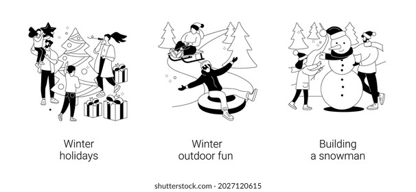 Abstraktes Konzept, Vektorgrafik-Set für Winterunterhaltung. Winterurlaub, Freibad, Schneemannbau, Weihnachtsabend, Schneeballkampf, Schlitten, abstrakte Skitourenmetapher.