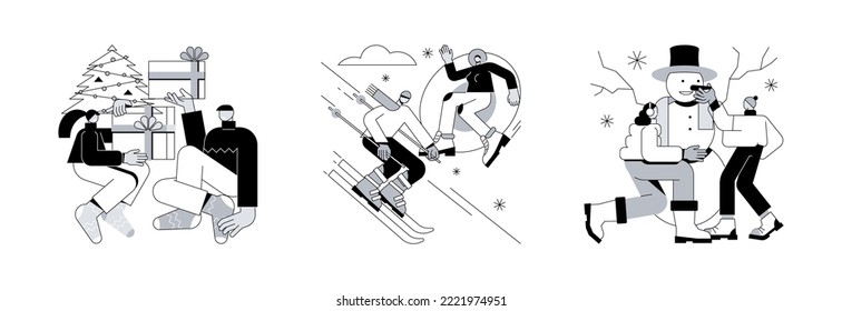 Winter entertainment abstract concept vector illustration set. Winter holidays, outdoor fun, building a snowman, Christmas eve, snowball fight, sledding, ski resort vacation abstract metaphor.