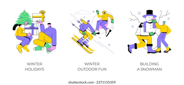 Winter entertainment abstract concept vector illustration set. Winter holidays, outdoor fun, building a snowman, Christmas eve, snowball fight, sledding, ski resort vacation abstract metaphor.