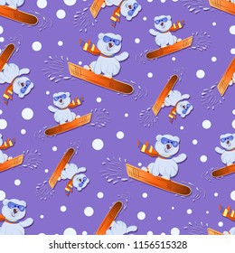Winter entertainment. A bear cub on a snowboard. Winter sport. Seamless pattern. Colorful background image with cute teddy bears by snowboarders. Design for textiles, sports equipment packages.