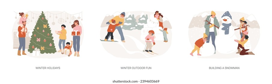 Winter entertainment isolated concept vector illustration set. Winter holidays, outdoor fun, building a snowman, Christmas eve, snowball fight, sledding, ski resort vacation vector concept.