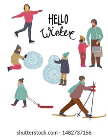Winter entertainment. People sculpt a snowman, skiing, skating, sledding. Cute cozy illustration.