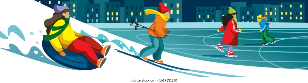 winter entertainment. winter sport. children skate on a skating rink, a girl and a guy go skiing and tubing from the mountain. evening city in the background