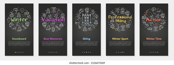 Winter entertainment vertical black banners. Set of winter sports banners for mobile app and website. Extreme winter sports line design elements vector