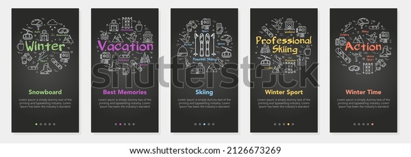 Winter entertainment vertical black\
banners. Set of winter sports banners for mobile app and website.\
Extreme winter sports line design elements\
vector