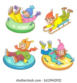 Winter entertainments. Collection of funny children ride down the hill on snow tubes and sled. In cartoon style. Isolated on white background. Vector illustration.