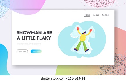 Winter Entertainments and Fun Recreation Website Landing Page. Happy Woman Enjoy First Snowfall Lying in Snow Moving Arms and Legs Making Snow Angel Web Page Banner. Cartoon Flat Vector Illustration