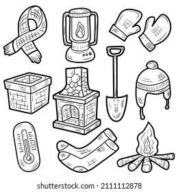 winter environment and equipment and drawn outline vector icon set