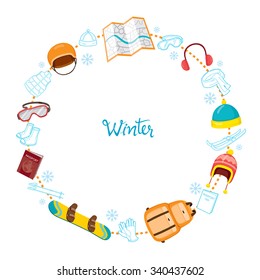 Winter Equipment Icons On Round Frame Set, Season, Vacation, holiday, Object, Activity, Travel