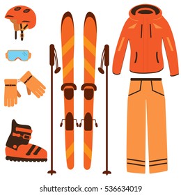 Winter equipment kit for ski resort: ski, poles, helmet, trousers, jacket, boots, goggles and gloves in orange
