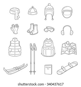 Winter Equipment Linear Icons Set, Season, Vacation, holiday, Object, Activity, Travel