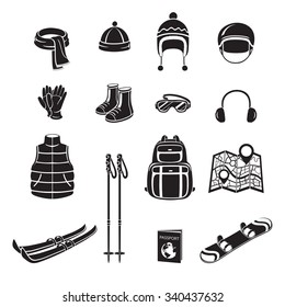 Winter Equipment Monochrome Icons Set, Season, Vacation, holiday, Object, Activity, Travel