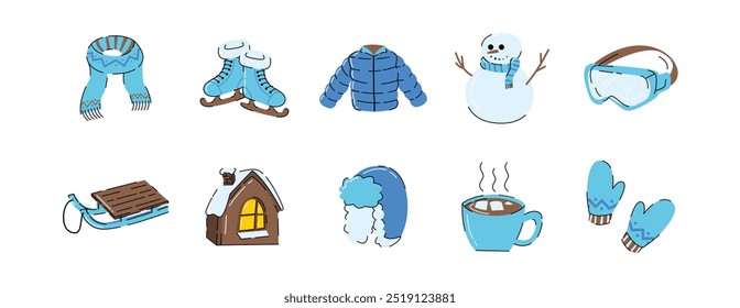 Winter Essentials and Activities in Cartoon Style, Winter Vector Set