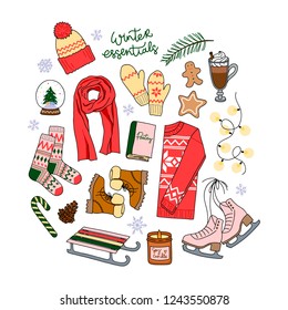 Winter essentials collection. hand drawn vector elements set. for holiday postcard, poster, print, stickers, social media.