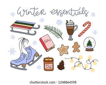 Winter essentials collection. hand drawn vector elements set. for holiday postcard, poster, print, stickers, social media.