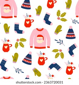 Winter essentials festive seamless pattern. Ugly sweater, socks, hat, mittens, hot drink, flowers. Christmas and New year mood. Retro vintage color palette.