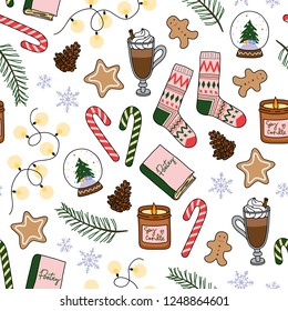 Winter essentials hand drawn vector seamless pattern. for holiday wrapping paper, gift packaging, postcard, print, stickers, social media.