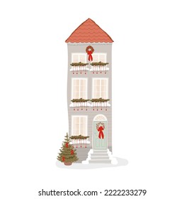 La fachada de la casa Winter Europe con decoración navideña y corona de puertas, y el árbol de Navidad en la olla. Arquitectura con ánimo de Navidad. Ilustración del vector aislada en blanco 