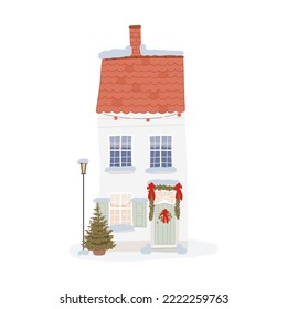 Winter Europe house facade with Christmas holiday decoration and door wreath, and Christmas tree in the pot. Traditional architecture. Lantern. Vector illustration isolated on white 