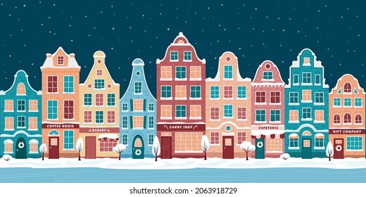 Winter Europe old town street. City landscape set with decorative old buildings. Winter town. Christmas town illustration. Seamless pattern. Vector illustration in flat style