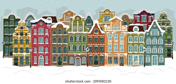 Winter European city. Cozy hygge street. Traditional architecture of Europe. Snowy Amsterdam, Munich, Bruges, Stockholm