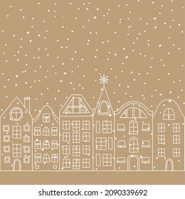 Winter european city landscape vector illustration. Scandinavian architecture line drawing. Buildings skyline. Row of houses design for card, banner, invitation, ad.