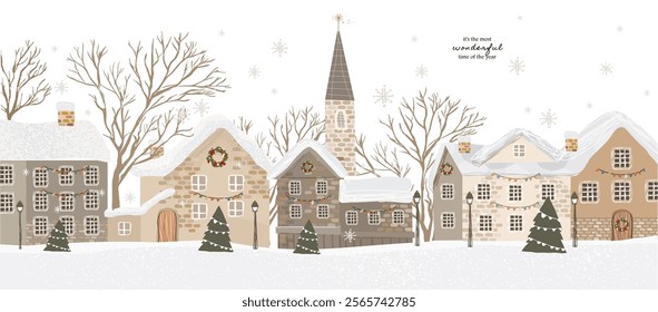 Winter European city. Vector muted cute illustration of street, snow houses, fir trees, lantern, tower for Merry Christmas and Happy New Year greeting card, postcard or banner. 2025