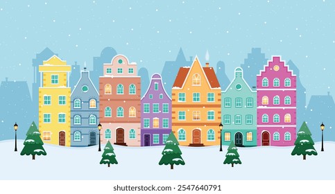 Winter european houses on day. Christmas illustration. Facades of buildings. Amsterdam style buildings. Cartoon  facades. Colorful winter design. Old city houses. Flat design. Vector illustration