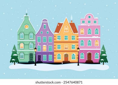 Casas europeias de inverno no dia. Ilustração de Natal. Fachadas de prédios. Edifícios estilo Amsterdã. Fachadas de desenhos animados. Design colorido de inverno. Quatro casas antigas. Design plano. Ilustração vetorial