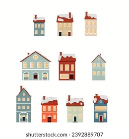 Winter European houses. Vector set of elements for design and greeting cards.
