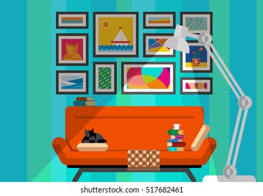 Winter evening in the cozy apartment with pictures on the wall on the couch with a blanket, cat, interesting books and a cup of hot coffee under the warm light of the lamp