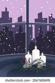 Winter evening illustration with candles decorated with fir branches, cones and holly berries on the background of window and silhouettes of buildings. For New Year and Christmas holidays.