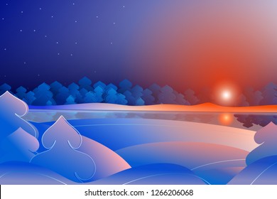 Winter evening landscape. A cold frosty day with a sunset, a river, trees and snow drifts. The stars in the sky in the form of a ladle constellation. Christmas and New Year card.