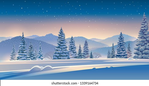 Winter evening landscape with mountains and snow-covered trees in the foreground.