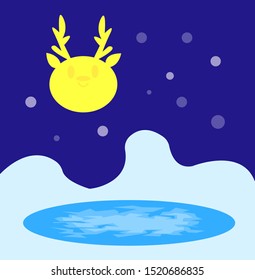 winter evening the moon shines in the shape of a deer head with a sweet smile everything is covered with snow the lake froze on it a bewitching ice pattern crack background for the cold season is clea