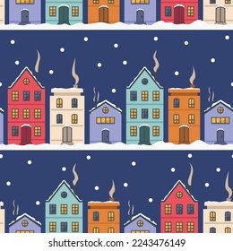 Winter evening seamless pattern. Night or evening, cute houses, snow. There is smoke coming from the chimneys.
