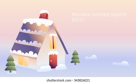 Winter evening sunset glowing scene landscape view and a cabin covered with snow. Christmas Holidays greeting card. Gingerbread house template. Isolated building objects, trees, snow and background.