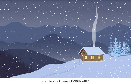 Winter evening twilight or night with illuminated house, distant mountains, skies, snow,