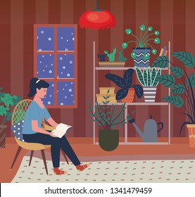 Winter evening vector, woman reading book sitting in chair in room with plants and green foliage in pots. Watering can on shelf, snowing weather outdoors