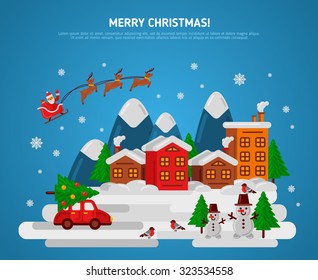 Winter Evening Village Street. Flying Sledge with Reindeer and Santa. Vector Illustration.