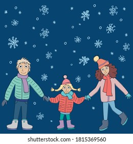 Winter Evening Walk. It is snowing. The father, the mother and the daughter vector illustration