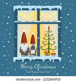 Winter evening window with gnomes and Christmas tree. Vector color illustration