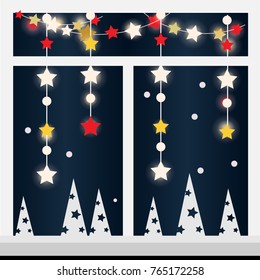 Winter evening window with new year, christmas garland and lights. Cozy winter interior element