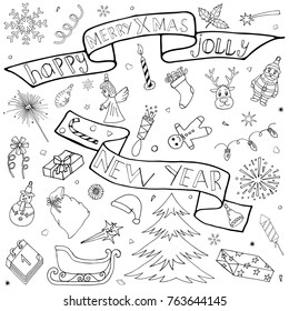 Winter Event hand drawn set. Christmas and New Year doodle kit with handdrawn icons and hand written text. Isolated drawing elements and symbols. Cute Sketch for season greeting. Vector illustration.