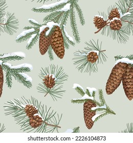 Winter immergrüne Weihnachtsbaumzweige mit Schnee bedeckt. Winterurlaub nahtloses Muster. Naturhintergrund mit Fichte, Kiefer und Zapfen. Vektorfarbgezeichnete Illustration.