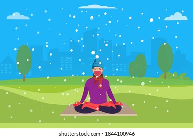 Winter Exercise Vector Concept: Woman In Face Mask Doing Yoga Exercise By Sitting And Meditating While Wearing Winter Clothes At The Park During Snowy Day